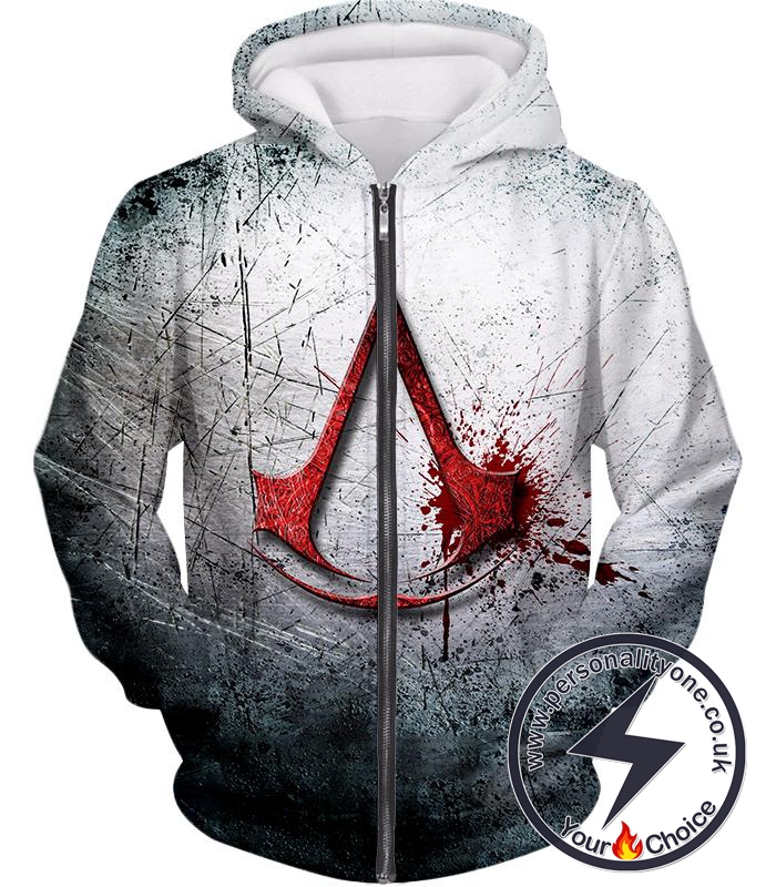 Super Cool Assassin's Creed Logo Promo Scratched Graphic Zip Up Hoodie